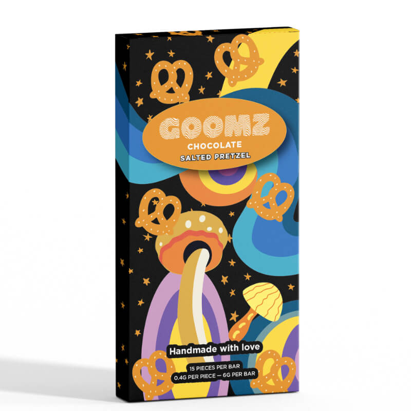 Goomz Salted Pretzel flavored magic mushroom chocolate bar.