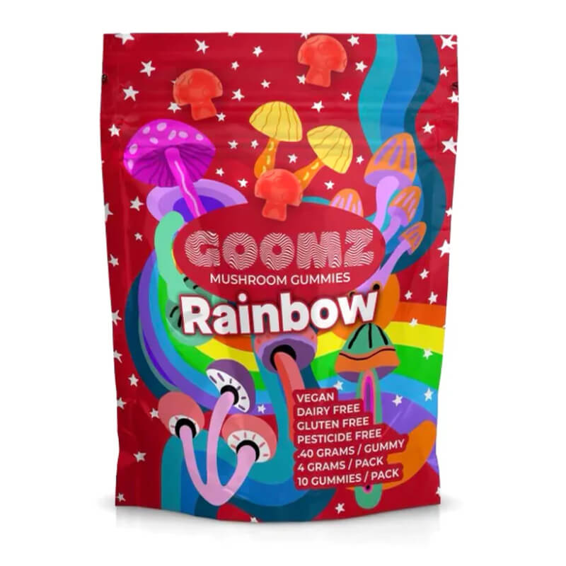 Goomz Rainbow Magic Mushroom Gummies pouch with bold multi-fruit design and 8 gummies per bag