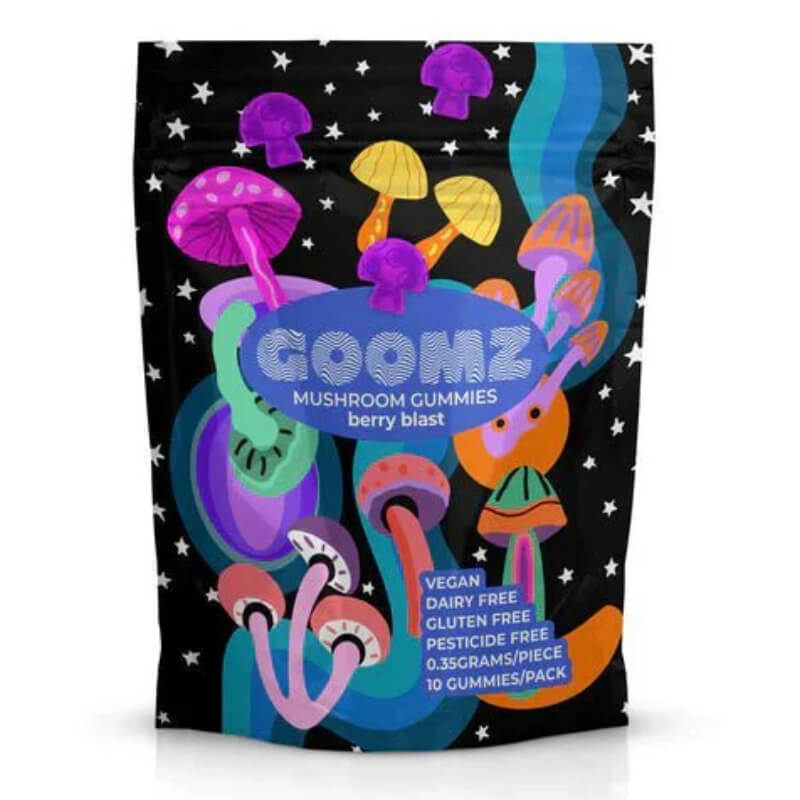 Goomz Berry Blast Magic Mushroom Gummies pouch with vibrant berry graphics and 10 pre-dosed psychedelic gummies.