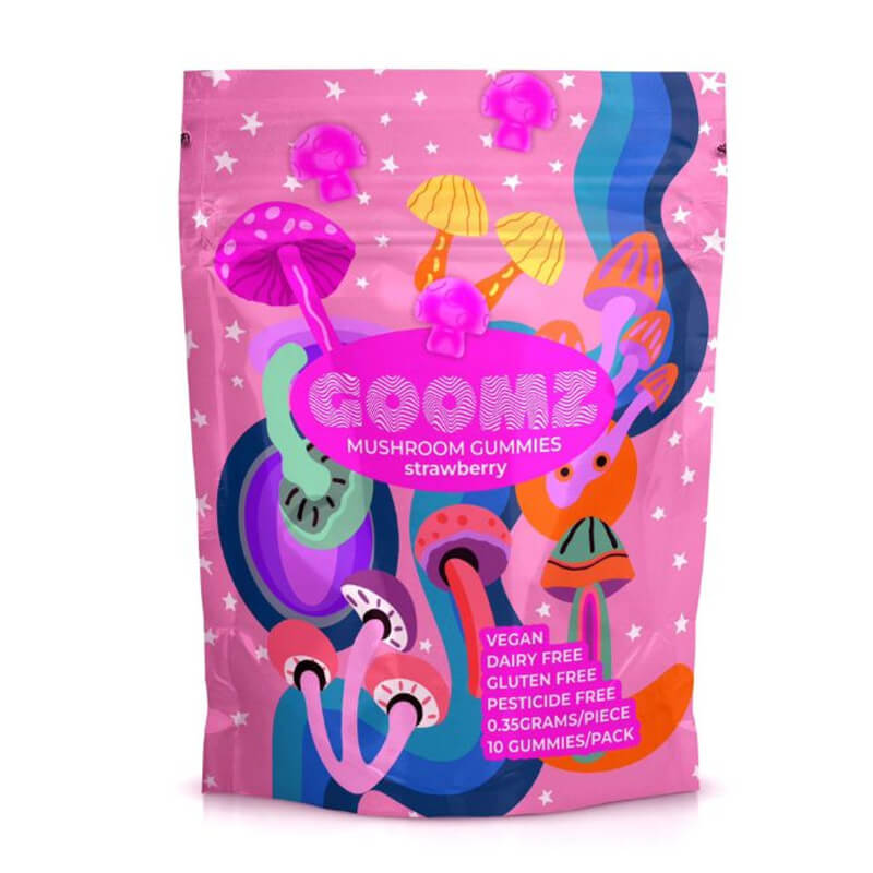 Goomz Strawberry Magic Mushroom Gummies pouch with fresh berry design and 8 pre-dosed fruity gummies.