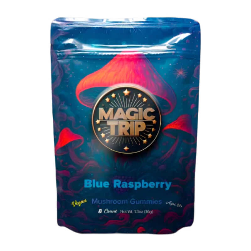 Magic Trip Blue Raspberry Mushroom Gummies front packaging vegan lab-tested USA-made.