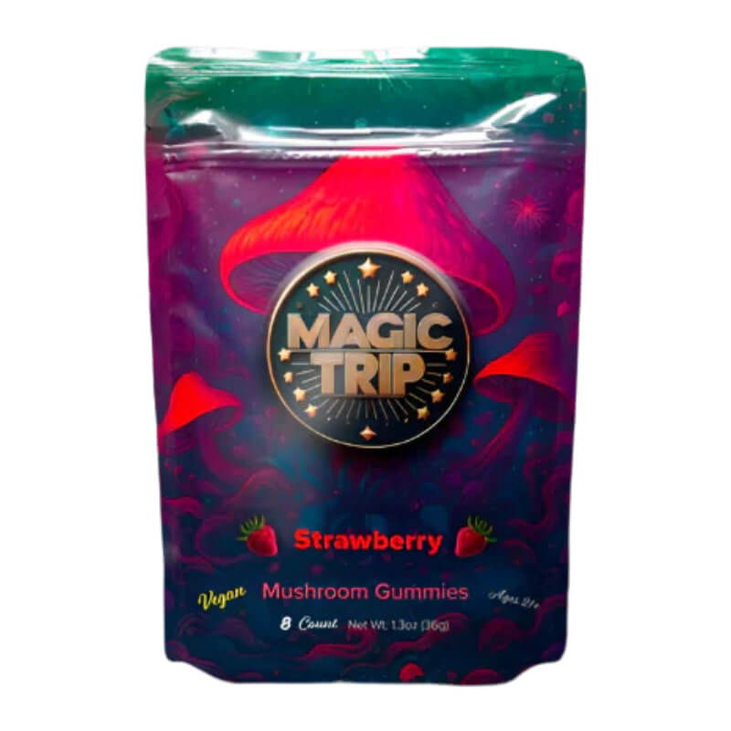 Magic Trip Strawberry Mushroom Gummies front packaging lab-tested vegan USA-made.