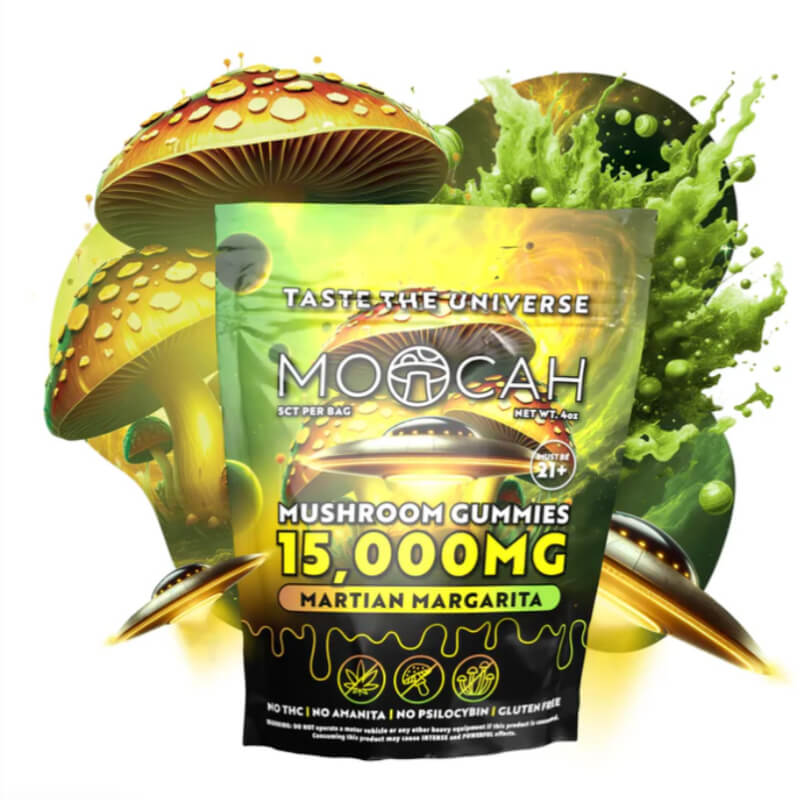 Moocah Martian Margarita Mushroom Gummies 15,000mg resealable bag with citrus lime design.