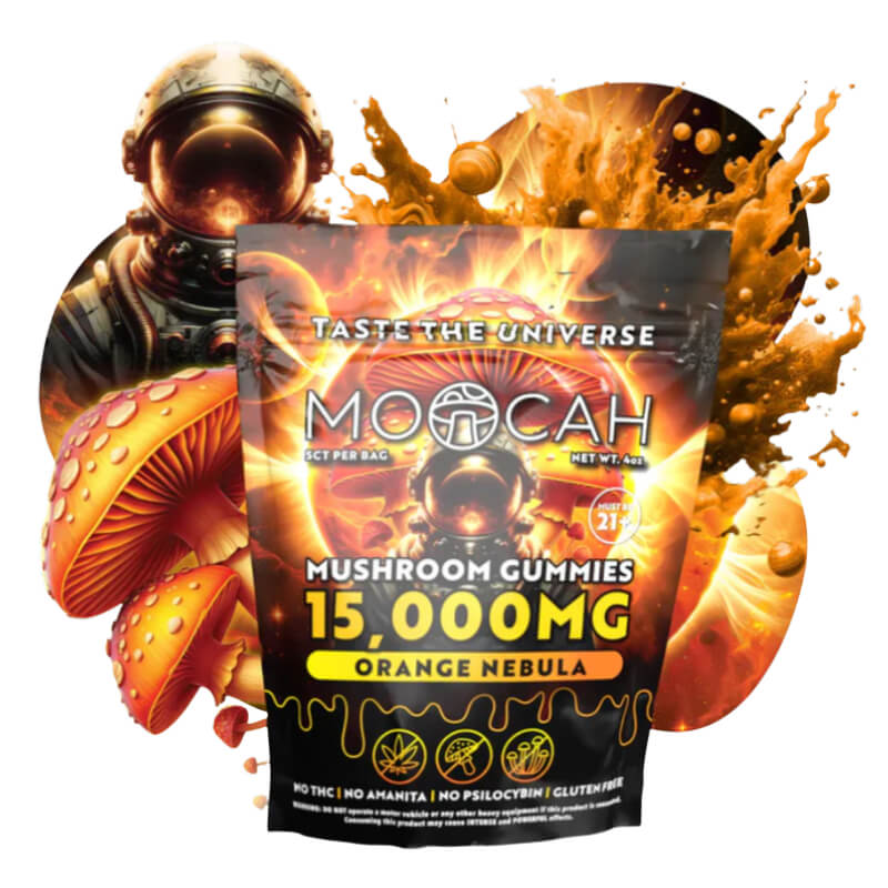Moocah Orange Nebula Mushroom Gummies 15,000mg resealable pouch with cosmic citrus design.