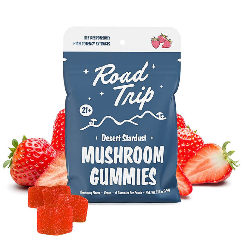 Strawberry Road Trip Magic Mushroom Gummies offer a vegan-friendly dose of sweet flavor, mood boost, and nootropic effects.