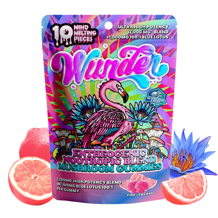 The front of the Wunder Pink Lemonade Magic Mushroom Gummies pouch has a pink citrus design and a 10-count label.