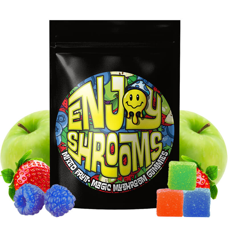 Enjoy Shrooms magic mushroom gummies packaging with colorful gummies and mixed fruit.