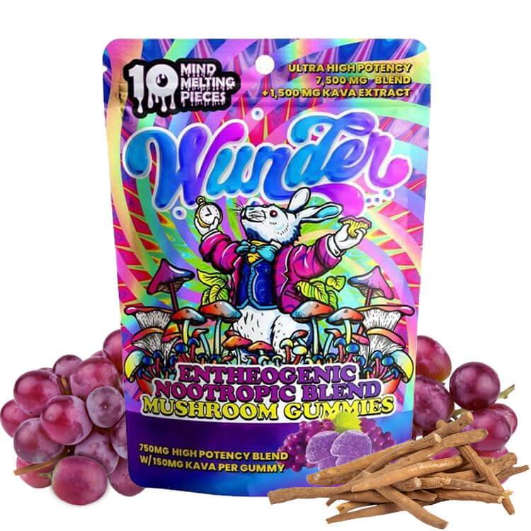 Front of Wunder Grape Magic Mushroom Gummies with bold purple graphics, 10-count label, and calming Kava.