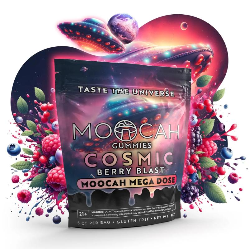 The front of the Moocah Cosmic Berry Blast Magic Mushroom Gummies pouch has a 5-count label and a cosmic berry design.