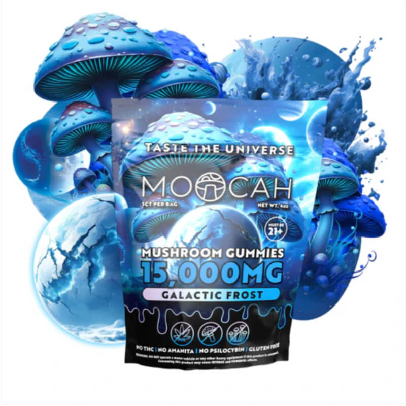 Moocah Galactic Frost Mushroom Gummies 15,000mg resealable bag with frosty mint cosmic design.