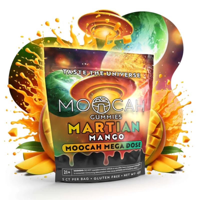 Front of Moocah Martian Mango Magic Mushroom Gummies with mango-themed artwork and bold 5-count label.