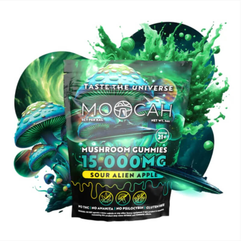 Moocah Alien Apple Mushroom Gummies 15,000mg resealable pouch with green apple cosmic design.