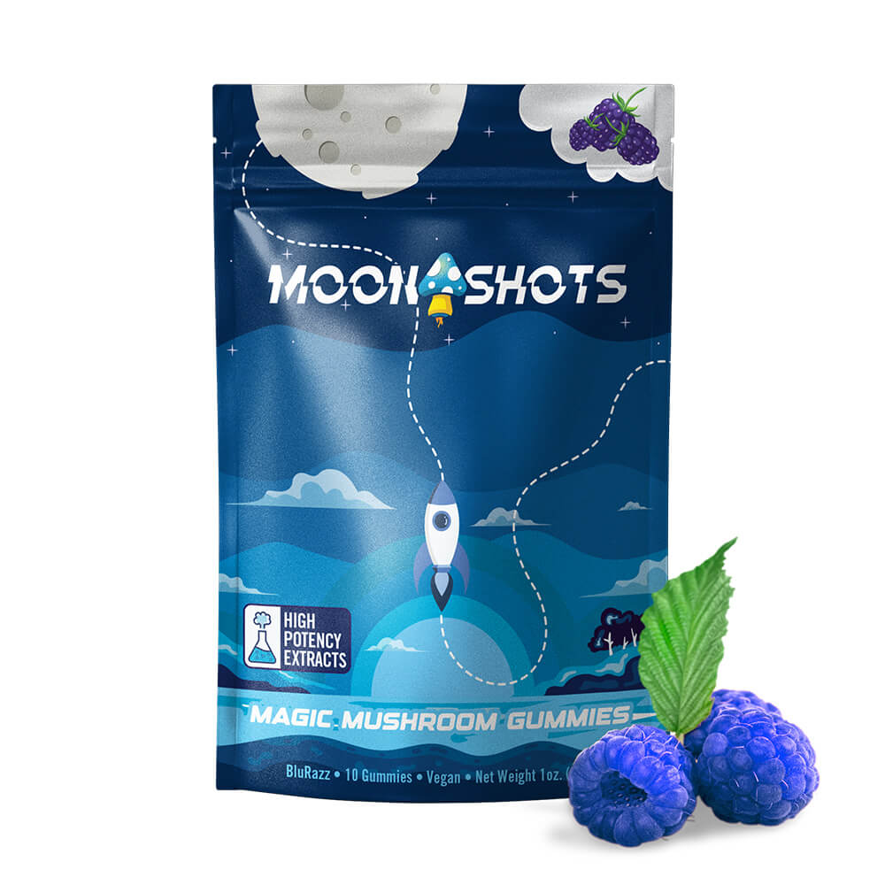 Moonshots Blue Raspberry Mushroom Gummies 10 count bag with vibrant cosmic candy design.