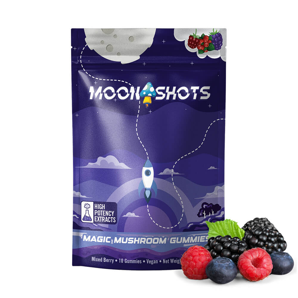 Moonshots Mixed Berry Mushroom Gummies 10 count bag with cosmic berry design.