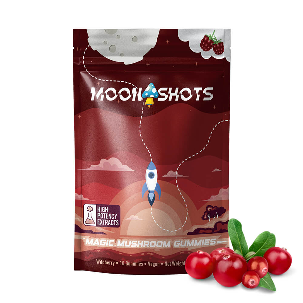 Moonshots Wildberry Mushroom Gummies 10 count bag with colorful cosmic berry design.