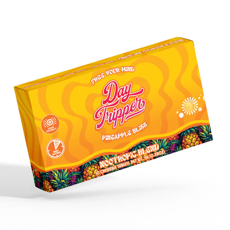 Front of Day Tripper Pineapple Tablets showing vibrant tropical design with 10-count fast-acting label.