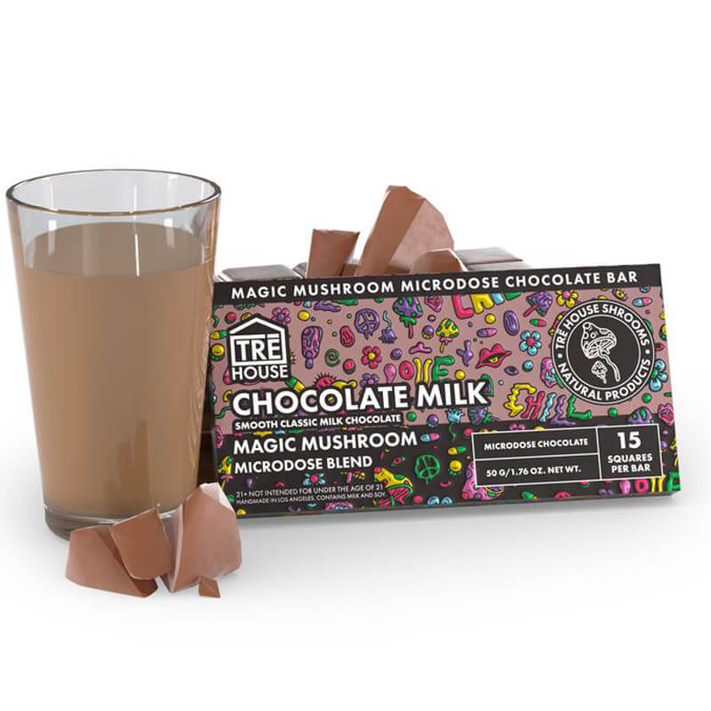 Front of TRĒ House Chocolate Milk Magic Mushroom Chocolate bar with classic brown design and 15-square label.