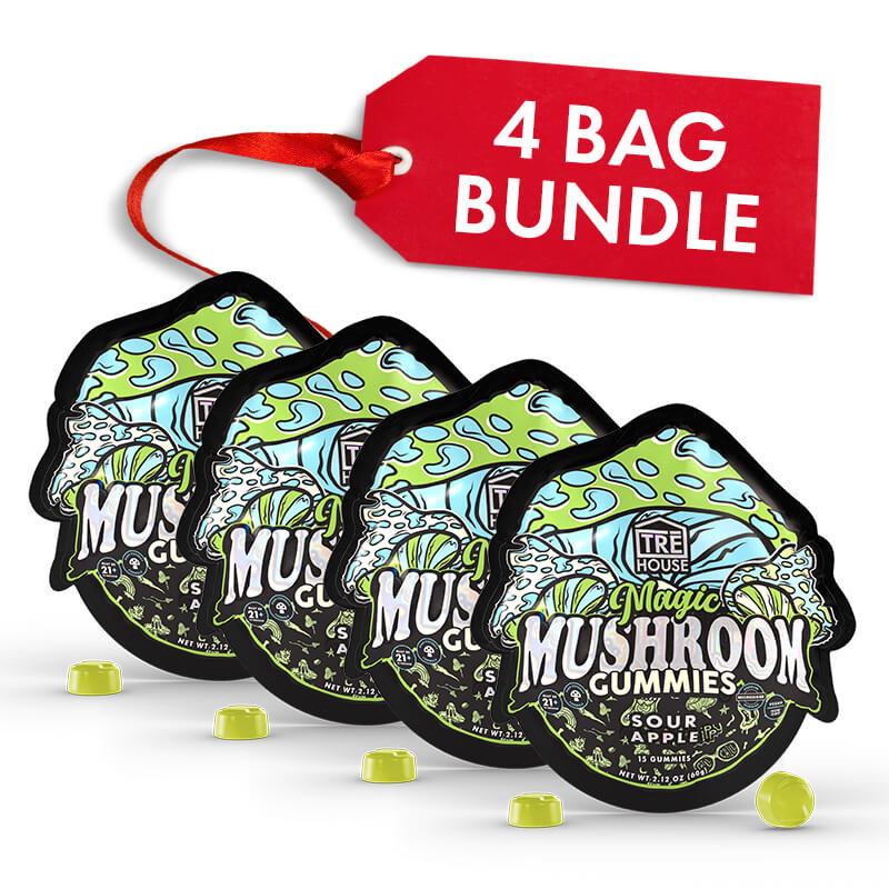Four bags of TRE House Sour Apple Mushroom Gummies shown together as a 4-pack bundle.