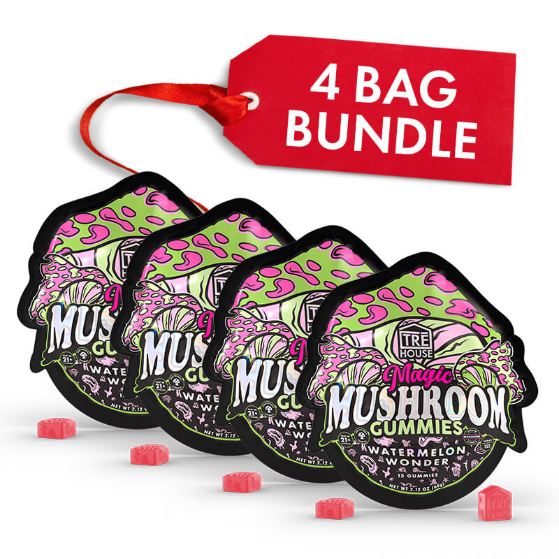 Four bags of TRE House Watermelon Wonder Mushroom Gummies shown together as a 4-pack bundle.