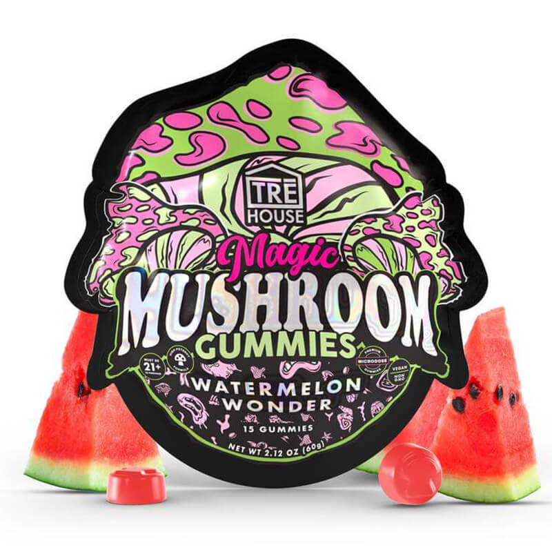 Front of TRĒ House Watermelon Wonder Magic Mushroom Gummies pouch with colorful design and 15-count label.