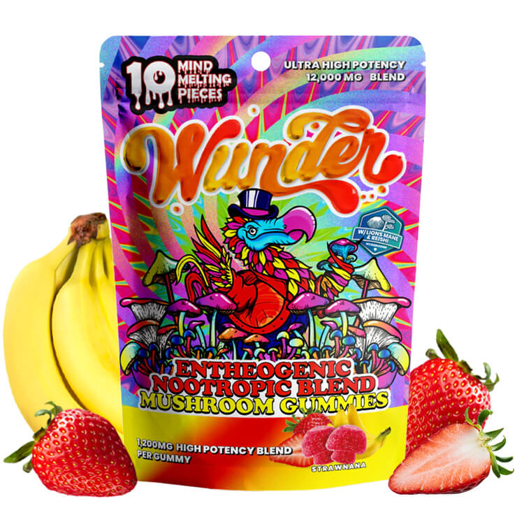 The front of the Wunder Strawnana Magic Mushroom Gummies pouch has fruity graphics and a 10-count label.