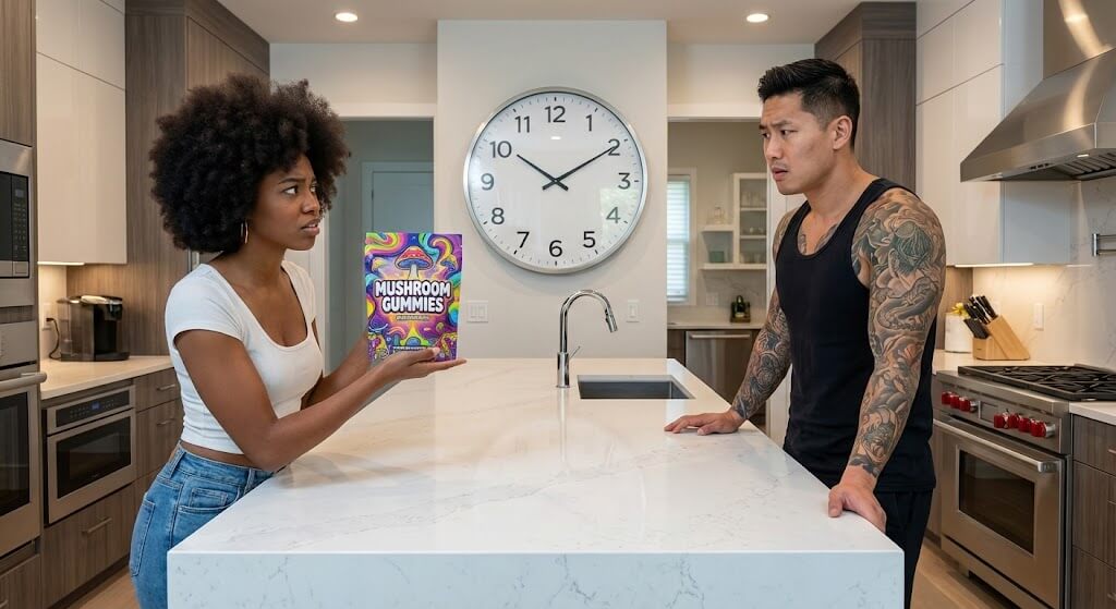 Timeline graphic showing how long mushroom gummies take to kick in: onset, peak, duration, and delay factors guide.