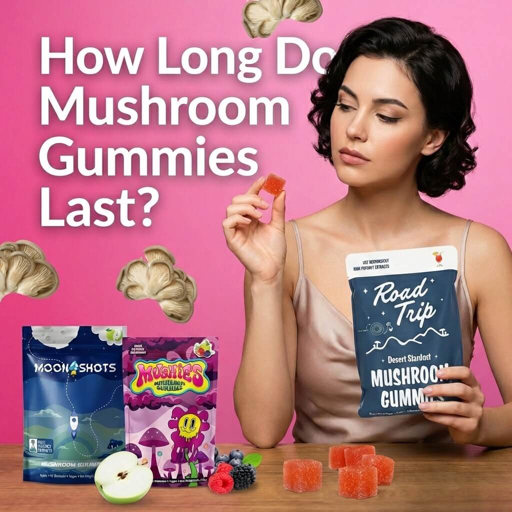 * How long do mushroom gummies last? Infographic showing onset, peak, total duration, and shelf life storage tips info