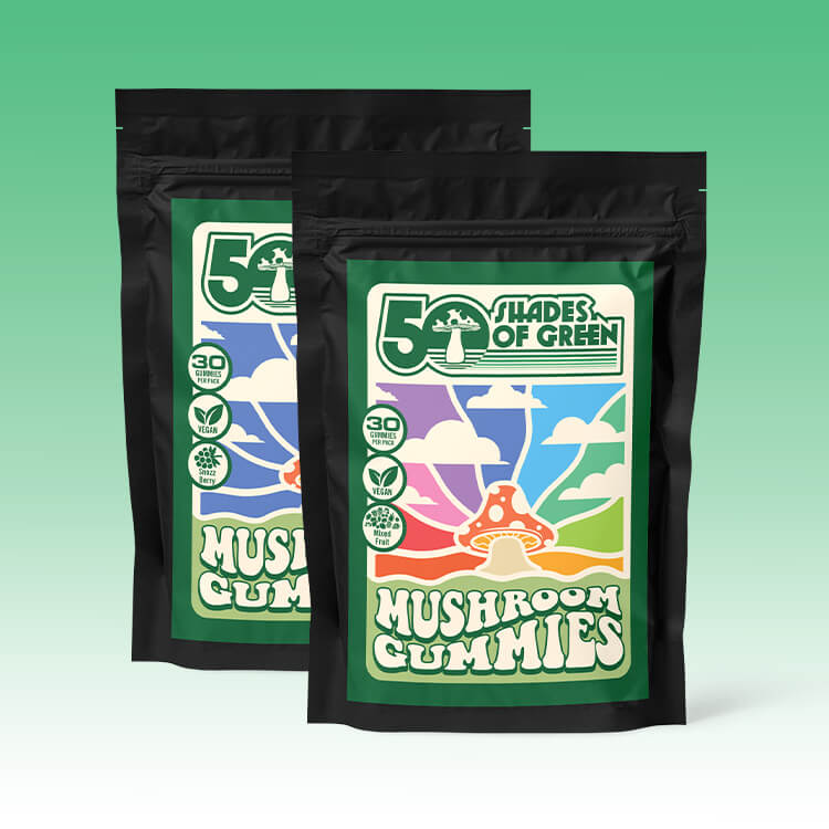 50 shades of green mushroom gummies come in snozzberry and mixed fruit flavors with 30 gummies per bag.