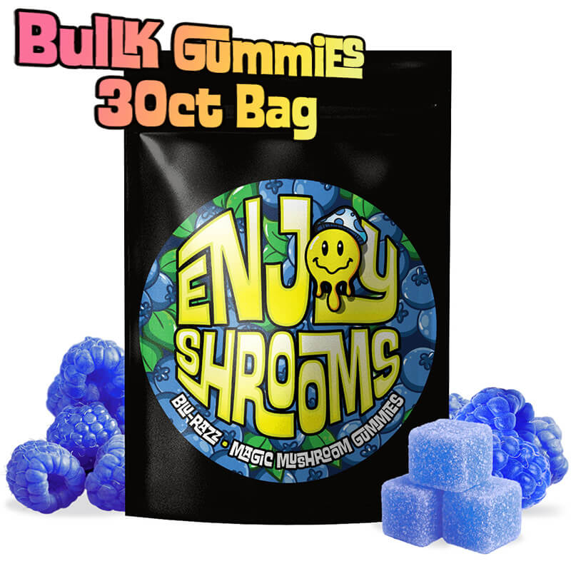 Enjoy Shrooms Blue Raspberry Bulk Magic Mushroom Gummies in 30ct resealable bags with vivid design and psychedelic flair.