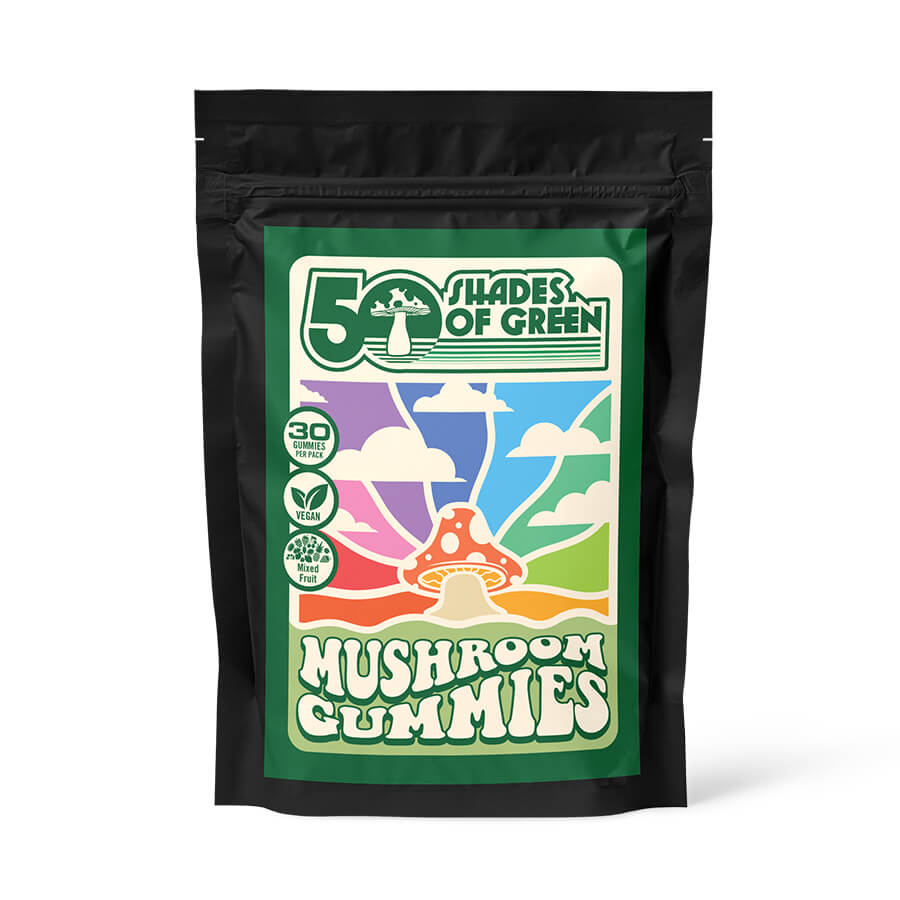 50 Shades of Green Mixed Fruit Mushroom Gummies 30ct bag ingredients and nutrition information.
