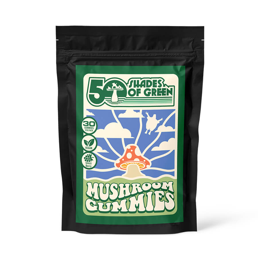 50 Shades of Green Snozzberry Mushroom Gummies 30 count pouch with playful cosmic design.