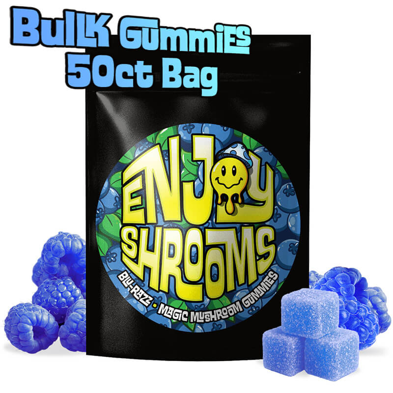 Enjoy Shrooms Blue Raspberry 50ct Magic Mushroom Gummies – Bulk pack with bold flavor and consistent effects.
