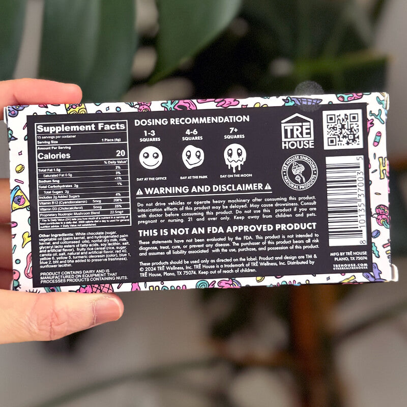 Back of TRĒ House Fruity Cereal Chocolate bar showing ingredients, nutrition panel, and nootropic dosing chart.