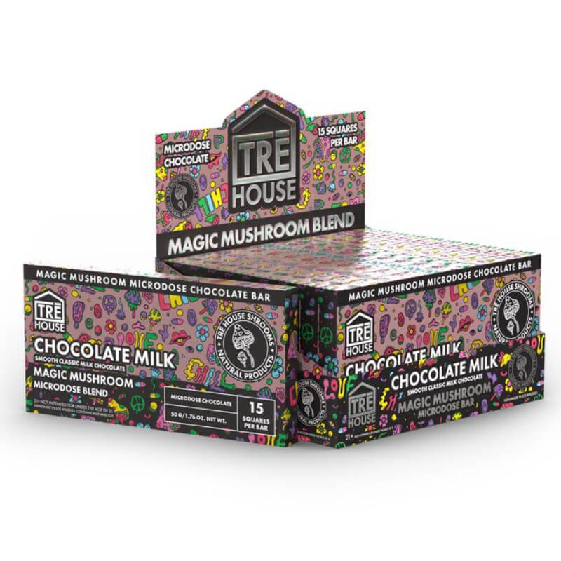  Back of TRĒ House Chocolate Milk bar showing nutrition facts, mushroom formula, and suggested dosing instructions.