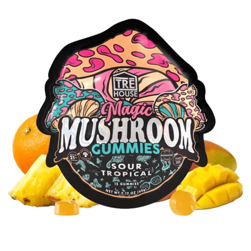  Front of TRĒ House Sour Tropical Gummies pouch featuring vibrant tropical fruit design and dosage details.