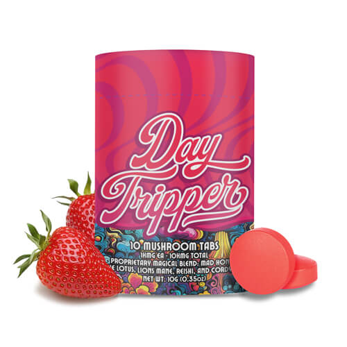 Front of Day Tripper Strawberry Safari Tablets showing vibrant strawberry artwork and a 10-count quick-dissolve label.