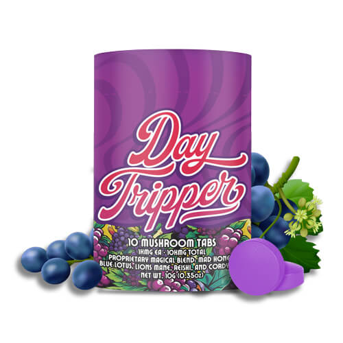  Day Tripper Electric Grape Magic Mushroom Tablets dissolve fast. They contain nootropics, mad honey, and blue lotus for a rapid mood lift, clarity, and creative focus.