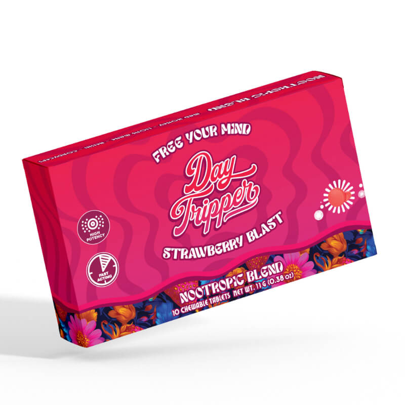 Front of Day Tripper Strawberry Safari Magic Mushroom Tablets showing vibrant strawberry artwork and a 10-count quick-dissolve label.