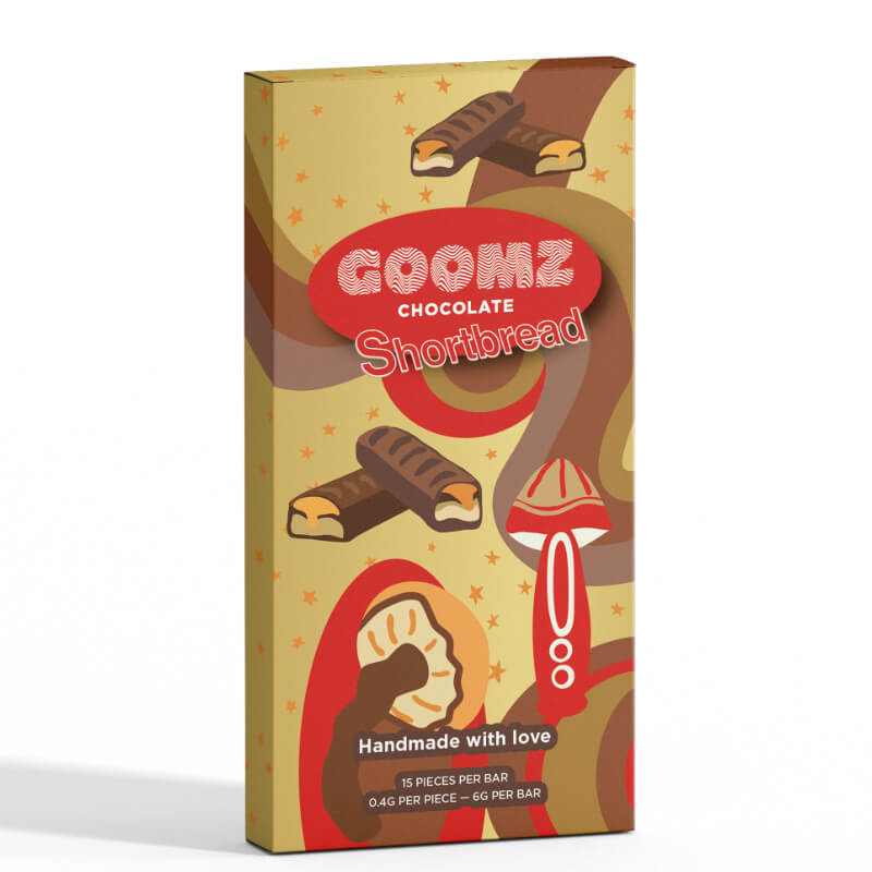 A photo rendering of Goomz Short Bread magic mushroom chocolate bar. 