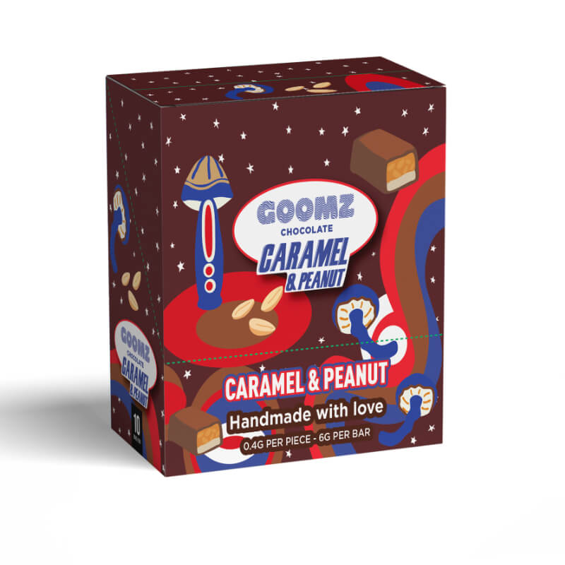 The back of the Goomz Caramel and Peanut magic mushroom chocolate bar package showing the nutition facts and ingredients.