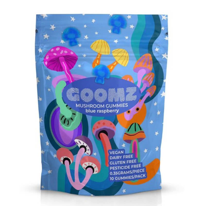  Goomz Blue Raspberry Magic Mushroom Gummies pouch with bold electric blue design and 10 piece serving pack.