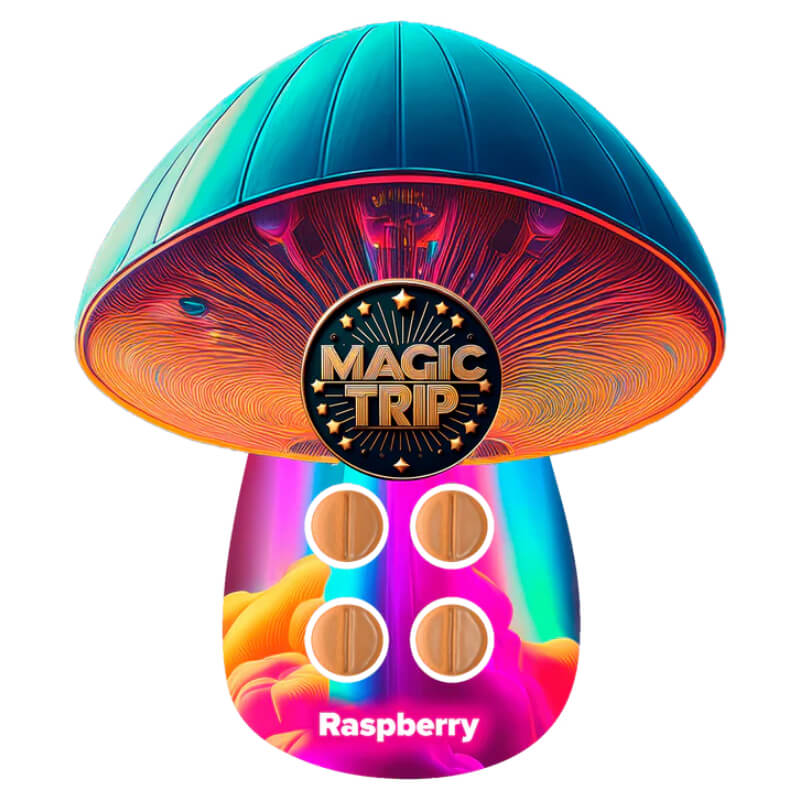 Front of Magic Trip Raspberry Mushroom Tabs pouch – 8000mg psychedelic blend per pack.
