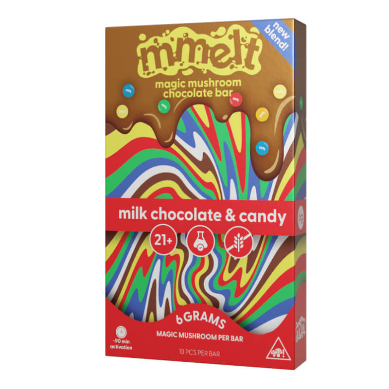 Mmelt Mushroom Chocolate Bar Milk Chocolate & Candy flavor with crunchy candy bits and 10 breakable squares.