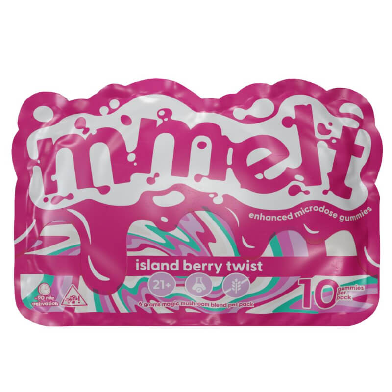  Mmelt Island Berry Twist Magic Mushroom Gummies 10-count pouch with tropical berry-themed packaging.

