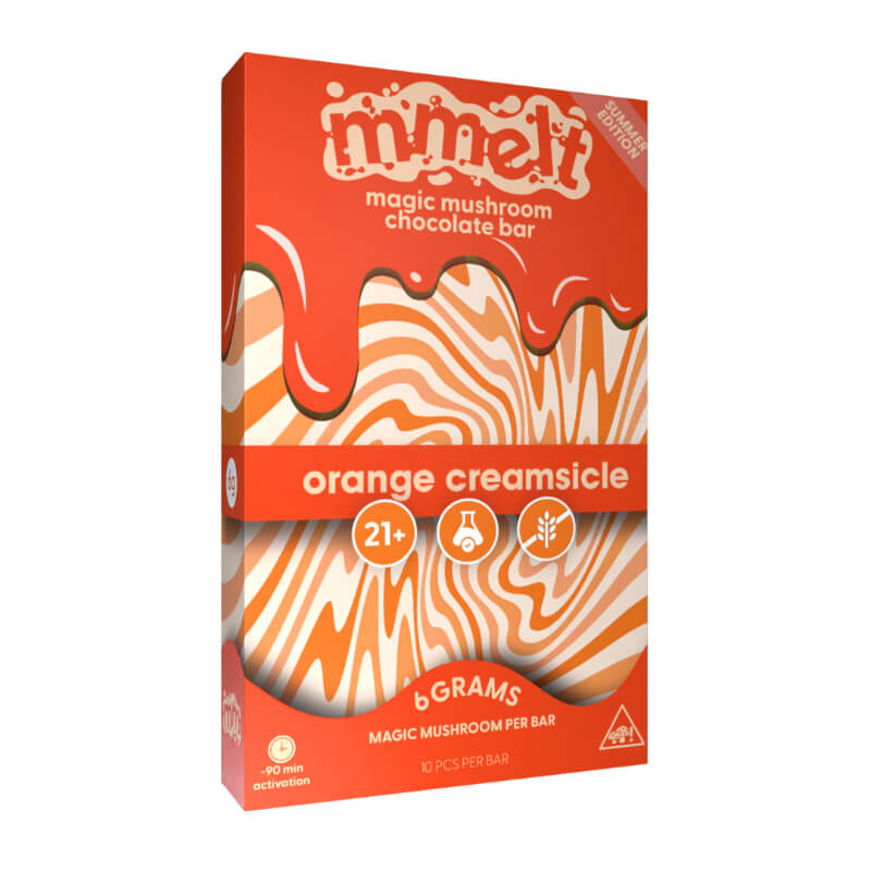 Mmelt Mushroom Chocolate Bar, Orange Creamsicle flavor with 10 squares and fast activation milk chocolate blend.