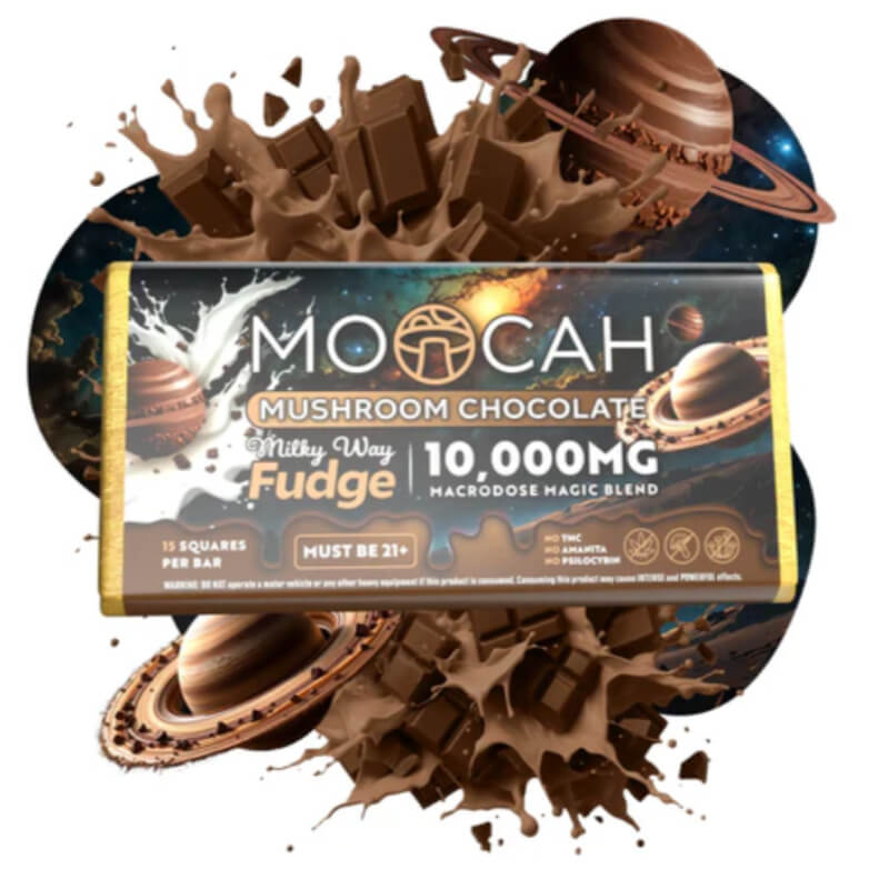 Front of package: Milky Way Fudge Magic Mushroom Chocolate Bar by Moocah