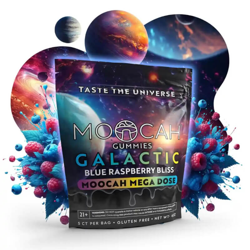  Front of Moocah Blue Raspberry Bliss Magic Mushroom Gummies pouch with bold blue graphics and 5-count mega dose label.