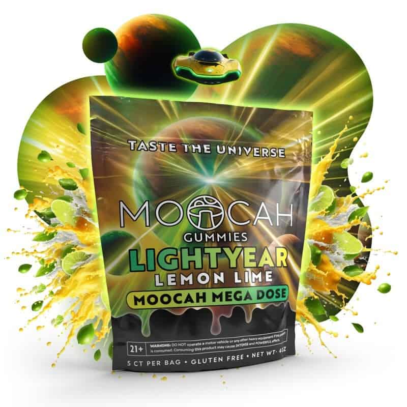  The front of the Moocah Lightyear Lemon Lime Magic Mushroom Gummies pouch has citrus art and a clear mega dose label.