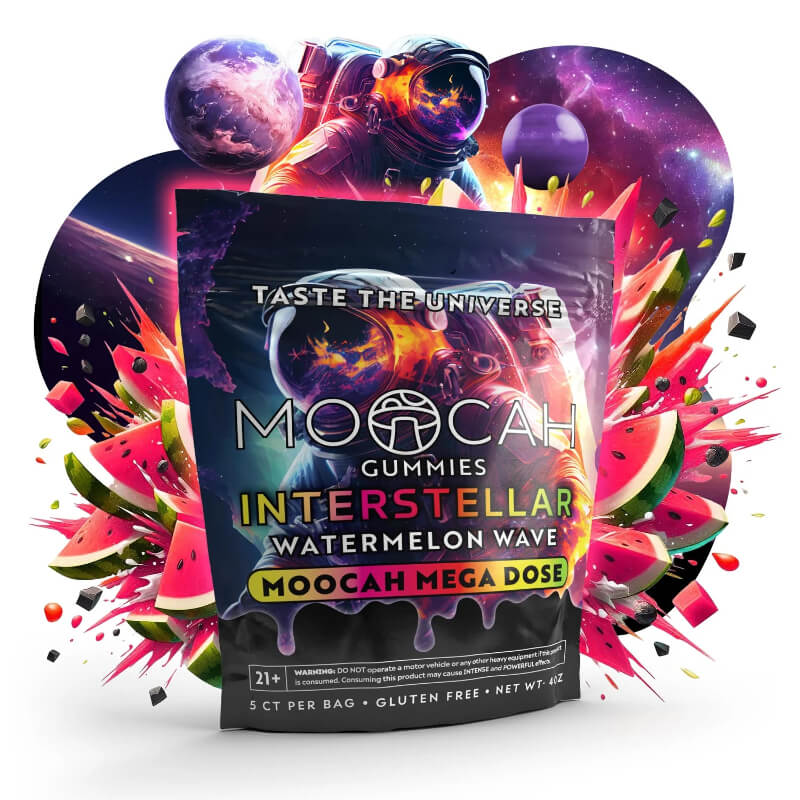  The front of the Moocah Watermelon Wave Magic Mushroom Gummies pouch has bright watermelon art and a 5-count mega dose label.