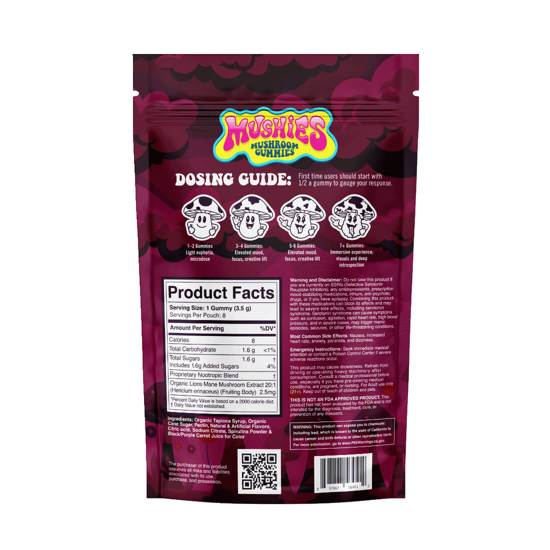 Mushies Mixed Berry Mushroom Gummies back packaging with dosing guide and ingredients.